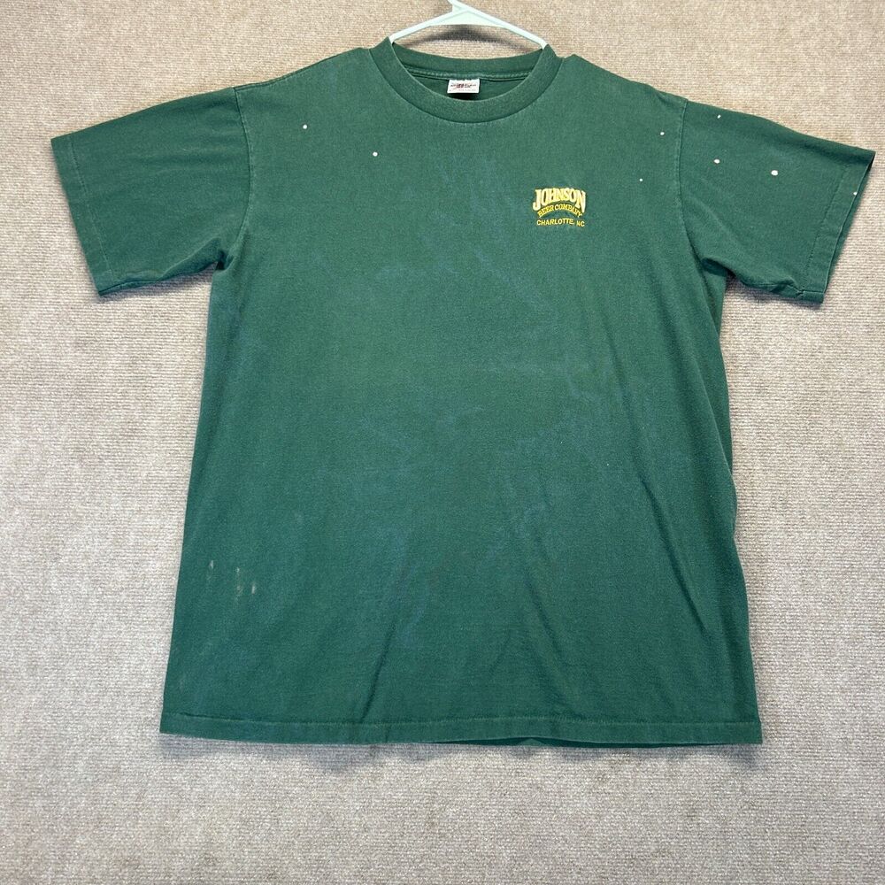 Johnson Beer Company Vintage T Shirt Adult Large Green Bleach Splatter Stains NC